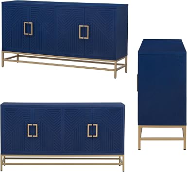 Accent Sideboard Cabinet 59.8-Inch Retro Credenza Console Storage Cabinet Dining Buffet Table with 4 Doors & Adjustable Shelves for Living Room Entrance, Navy