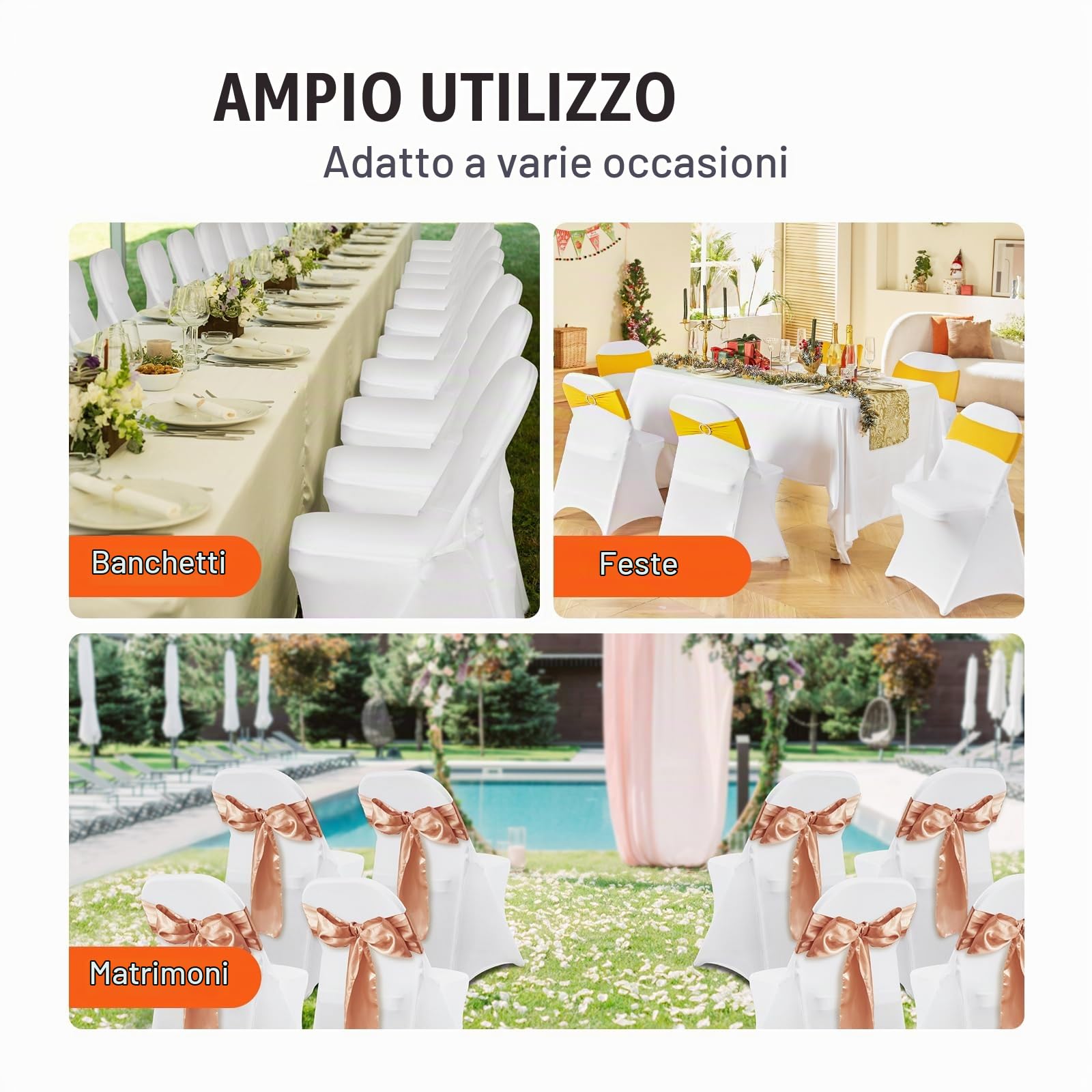 VEVOR 50 Pezzi Bianco Coprisedie Pieghevoli in Spandex Elasticizzato, Coprisedie Universali, Fodere Protettive Lavabili Rimovibili, Matrimoni, Banchetti, Feste, Vacanze, Celebrazioni, Sala Pranzo