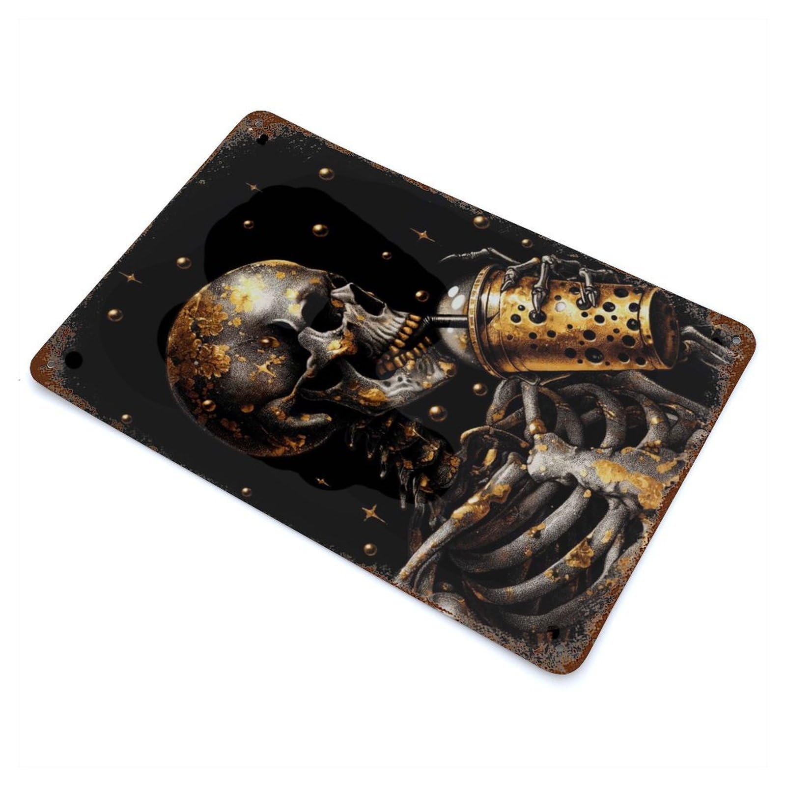 Bubble Tea Skull 11.8"x7.9" Distressed Metal Wall Sign, Shabby Chic Decor for Office, Studio And Wall Decor