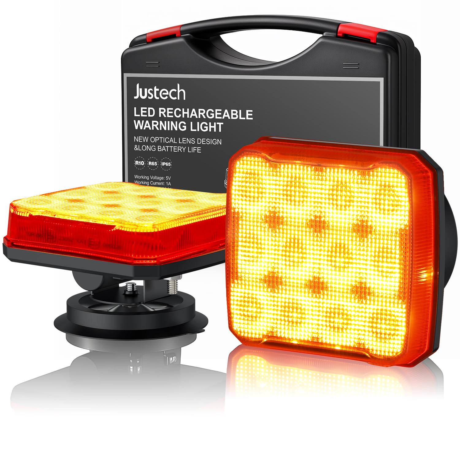 Justech 2er Warnleuchten Wiederaufladbare Warnlicht Magnetische Rundumleuchte 18 Blinkmodi, IP65 Wasserdicht, 2000mAh Akku, Magnetische Befestigung Blinklichter für Sichere Nutzung Bernstein