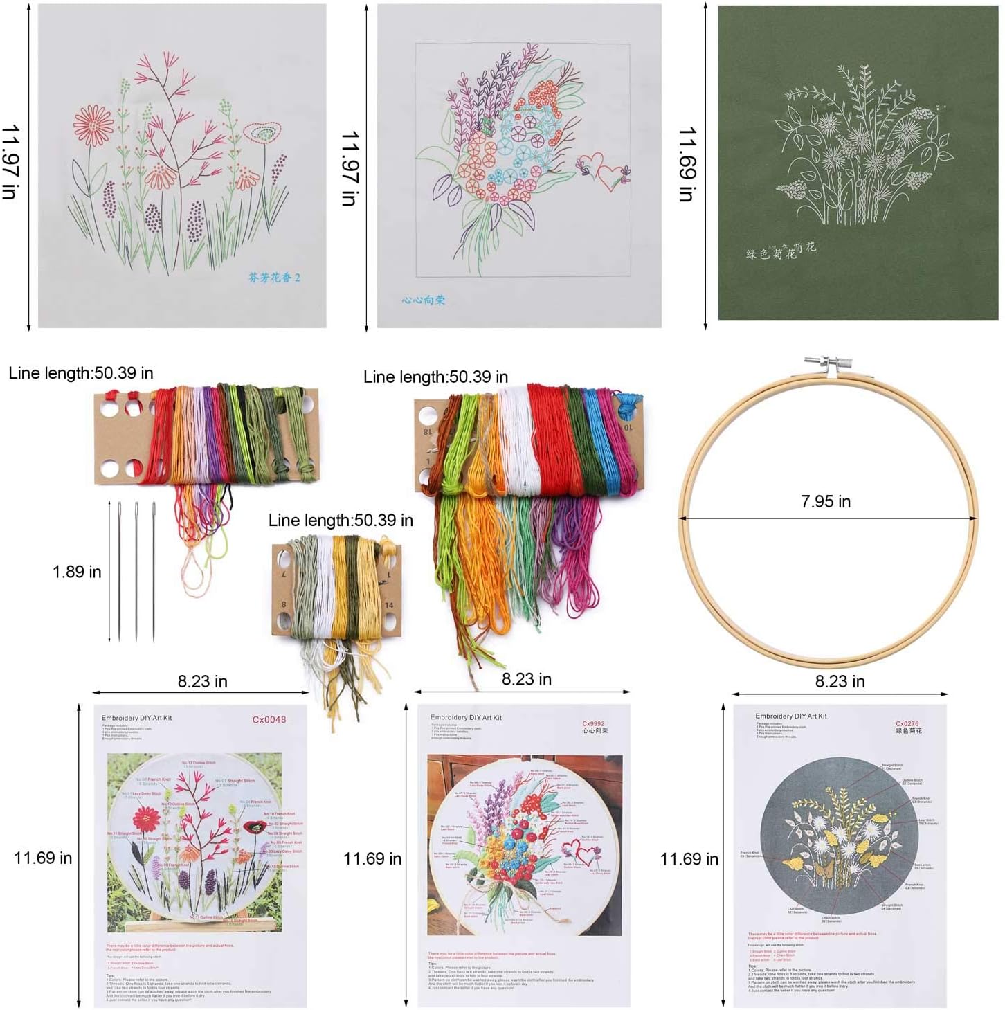 LoveBB 3 Pack Stamped Embroidery Starter Kit with Pattern Including 3Pcs Embroidery Cloth,1Pcs Bamboo Embroidery Hoop,Color Threads Tools Kit (Plant and Flowers)
