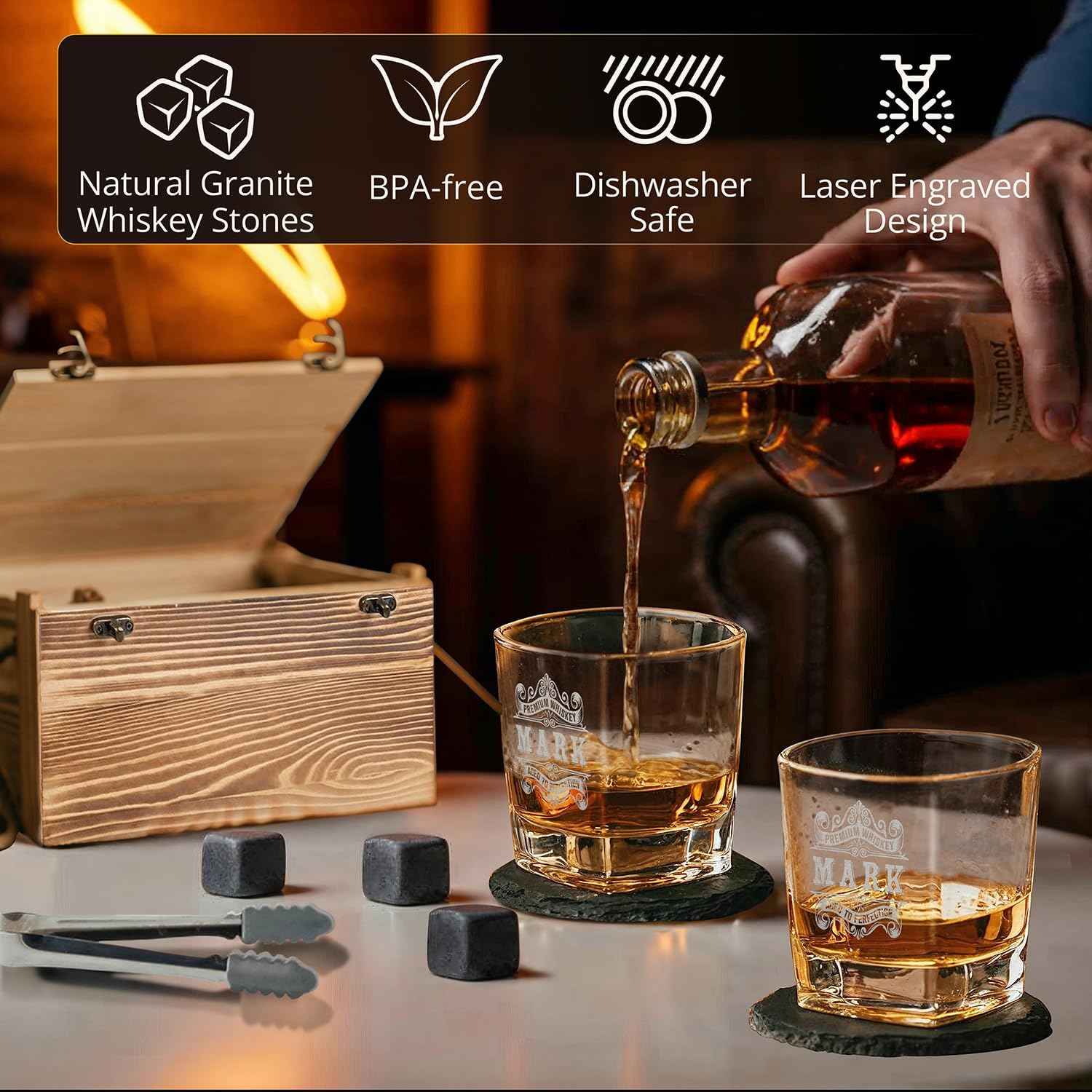Custom Name Premium Whiskey Glass Gift Set 2 Glasses, 6 Granite Chilling Stones, Tongs & 2 Slate Coasters in Rustic Wood Crate – Scotch, Bourbon Lovers Gift