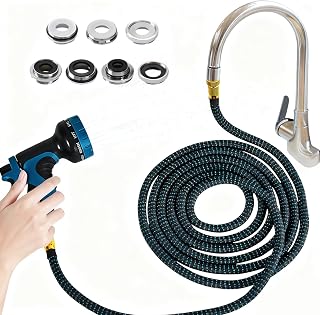 Indoor Sink Hose Attachment for Faucet - (50 FT) Faucet Hose with 7 Adapters for Kitchen Sink Bathroom Sink Faucet, Watering Houseplants, Washing Pets, Household Cleaning, Car Washing