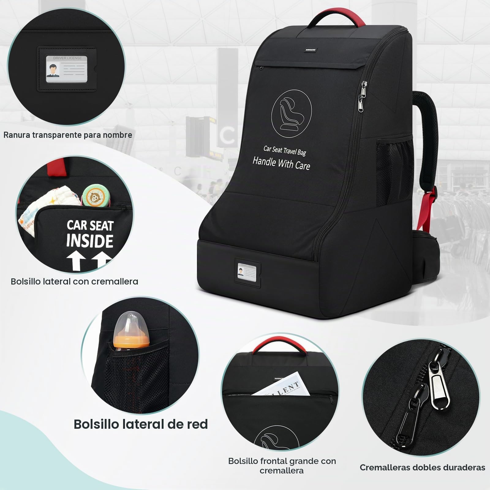 RAINSMORE Mochila Bolsa de Viaje para Silla de Coche de Bebé, Bolsa Acolchada para Asiento de Coche para Avión, Protectora para Porta Sillas Infantiles Impermeable para Aeropuerto, Negro