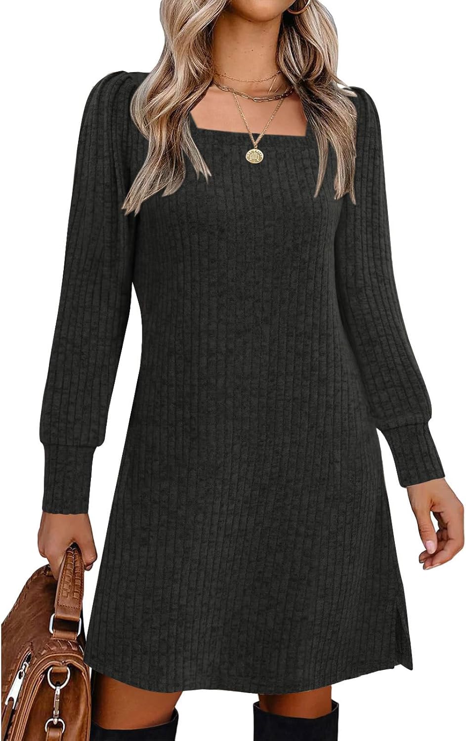 Womens Ribbed Knit Sweater Dress Long Sleeve Square Neck Fall Winter Dresses