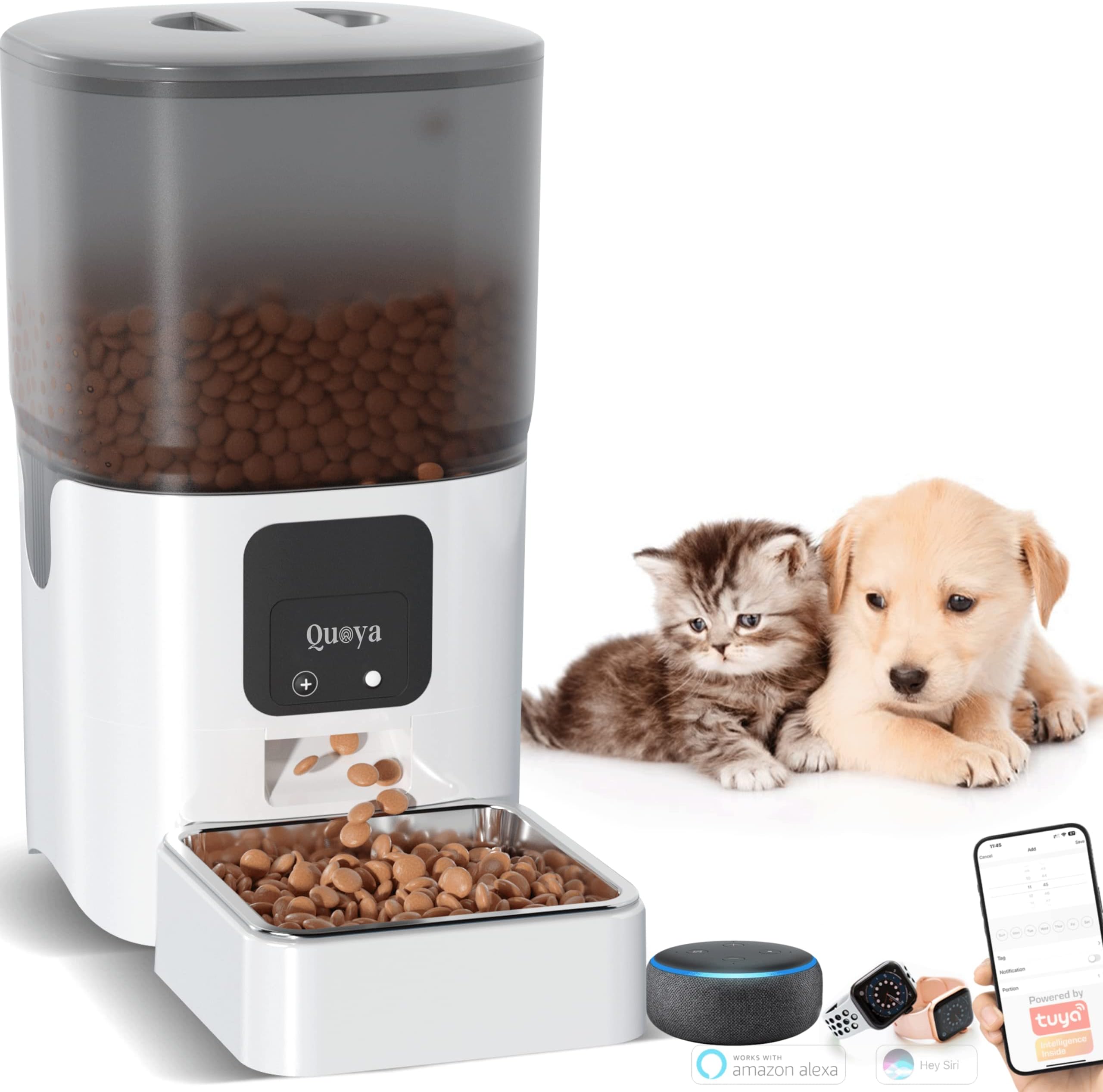 QUOYA Smart Automatic Feeder, LARGE (6L Food Tank) 【Timer/Schedule feature, voice and app control, Portion size adjustment】Compatible with Alexa, google, siri for Dogs and Cats