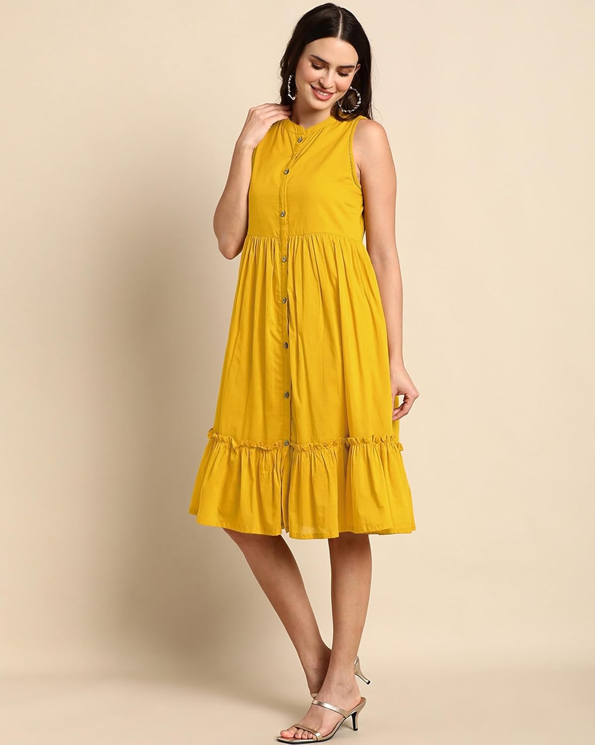 TRENDMALLS Women's Rayon Sleeveless Knee Length Western Dress (V27-Yellow-L)