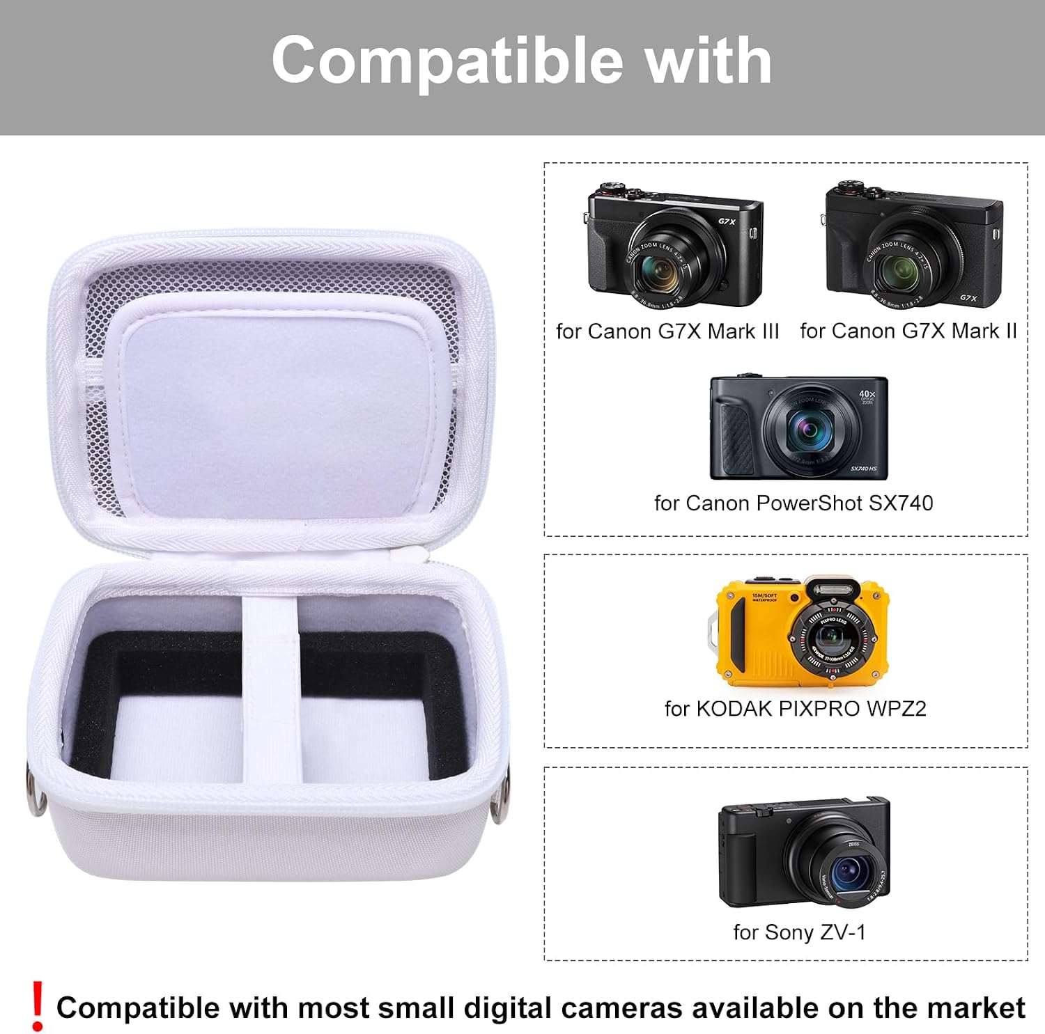 Camera Case Bag Compatible with Canon PowerShot G7 X Mark III, Mark II, SX740 HS, Sony ZV-1, KODAK PIXPRO WPZ2 Digital 4K Vlogging Camera, Point and Shoot 4K Video Camera Bag, White (Case Only)