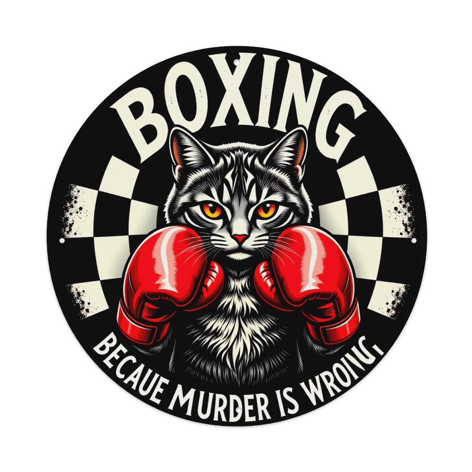 Boxing Cat With Gloves Checkered Background Vintage Metal Tin Sign Retro Wall Decor for Home Bar Garage Cafe, Indoor & Outdoor Decorative，circle Metal Poster, 8x8 Inch
