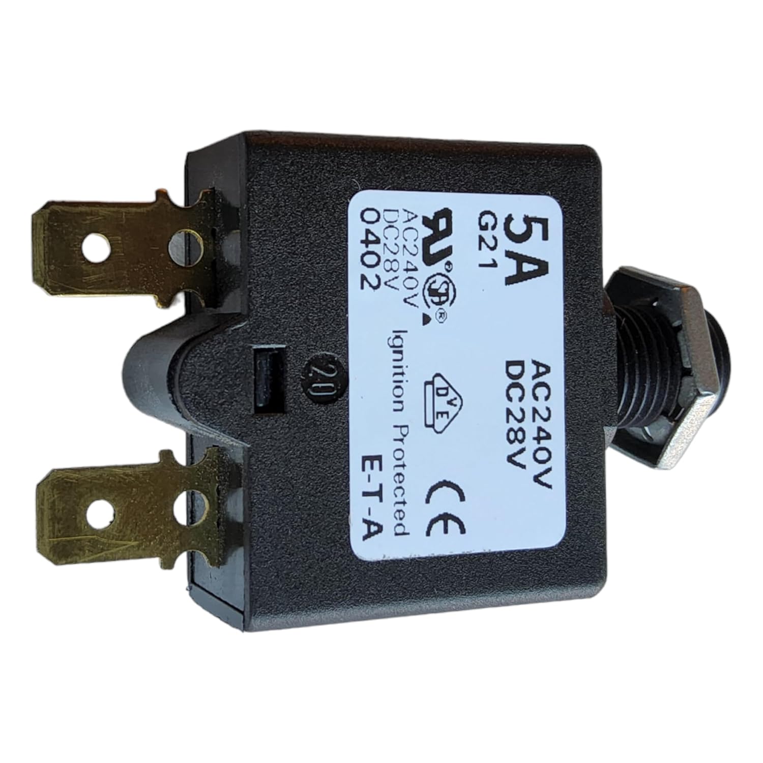 E-T-A Circuit Protection and Control 1658-G21-01-P10-5A, Circuit Breaker; Therm; Push; Cur-Rtg 5A; Flange; 1 Pole; Vol-Rtg 240/28VAC/VDC