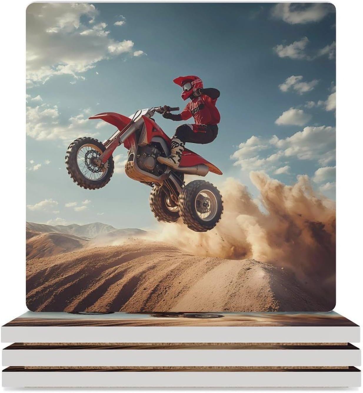 Three Wheeler Motocross Coasters for Drinks Square Ceramic Coasters Cup Mats with Cork Base