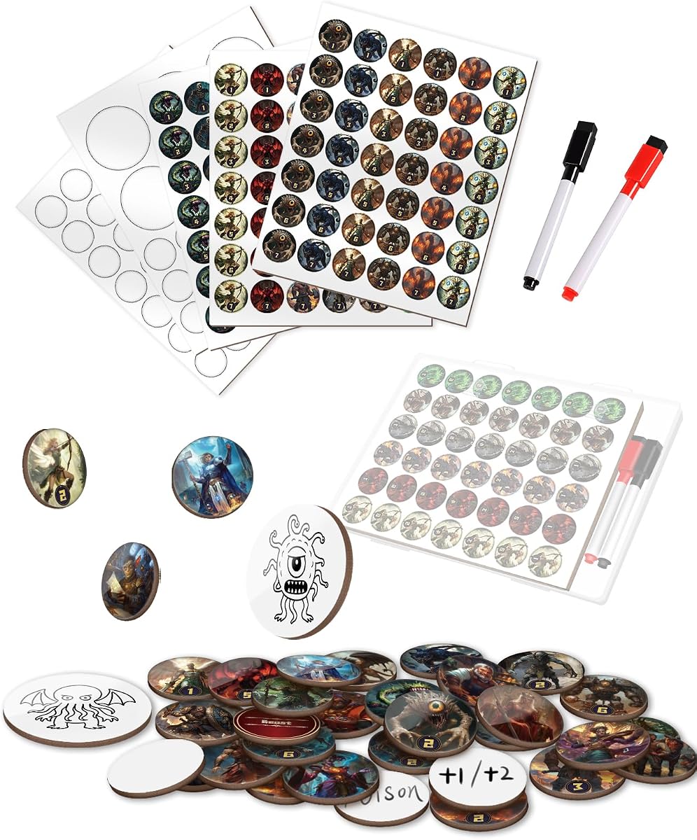 CZYY RPG Juego de fichas de borrado en seco, 192 fichas de juego de cartón reutilizables | Personajes de clase 5E, fichas de criaturas y NPC, espacios en blanco personalizables, 2 marcadores y caja de almacenamiento, para juegos de rol, MTG y de mesa