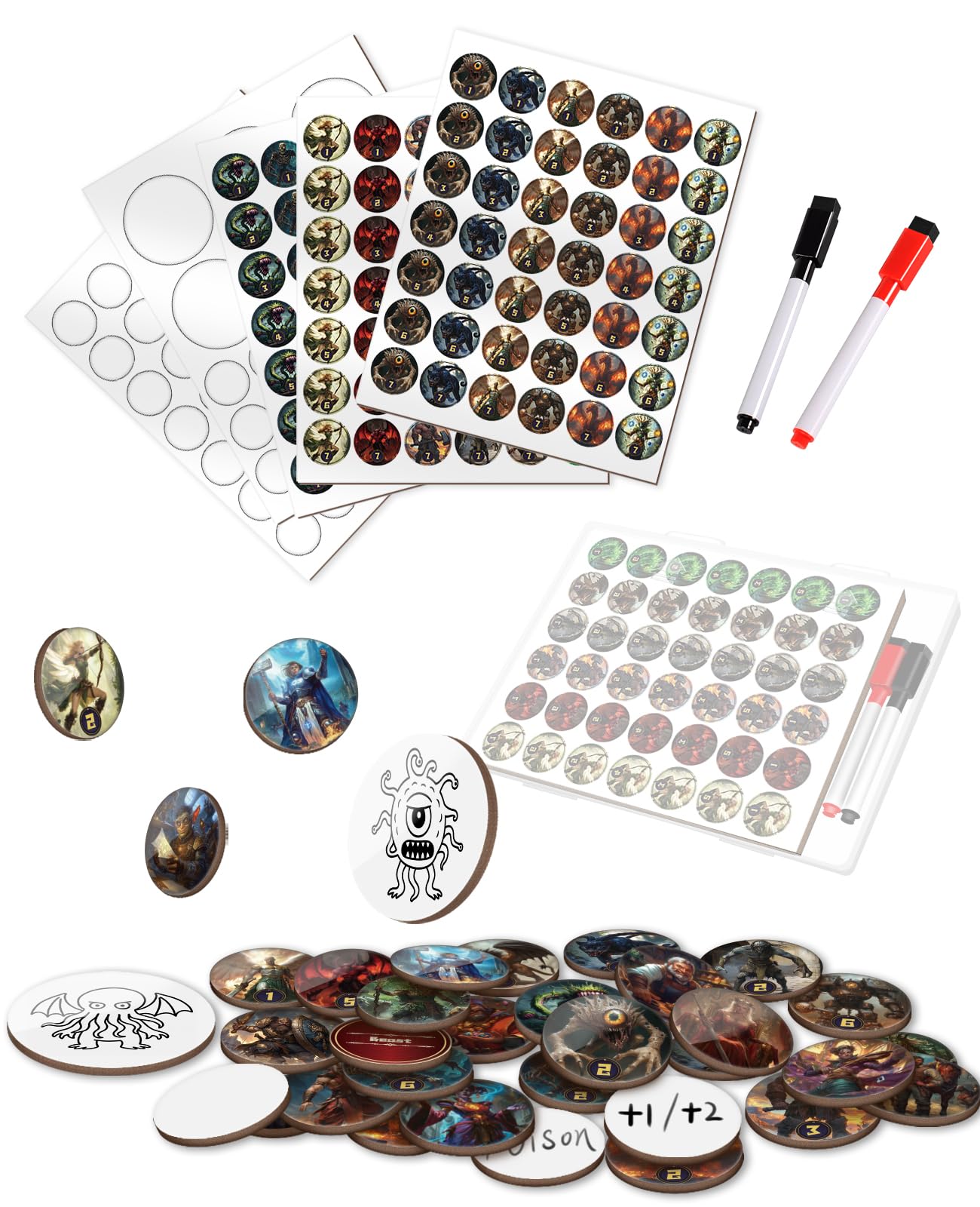 CZYY RPG Dry Erase Token Set - 192 PCS | Reusable Blank Tokens, Creature Tokens, 5E Class Characters with Maker Pens | Ideal for D&D, Pathfinder, TTRPGs, MTG & Board Game