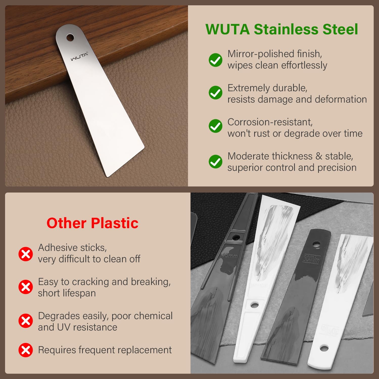 WUTA Stainless Steel Leather Glue Spreader - Mirror Polished Gumming Board & Adhesive Scraper for Leathercraft, Durable Metal Tool with Rounded Edges for Finishing & Gluing