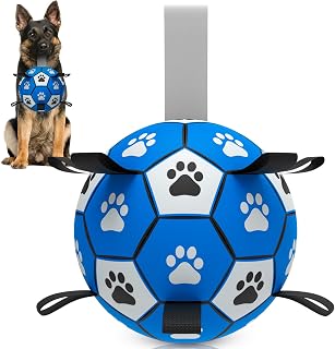 RUCACIO Dog Balls Toys: Interactive Dog Toys for Large Dog, Durable Dog Soccer Ball with Straps for Tug of War, Dog Football Toy, Dog Water Toy, Puppy Birthday Gifts (Blue)