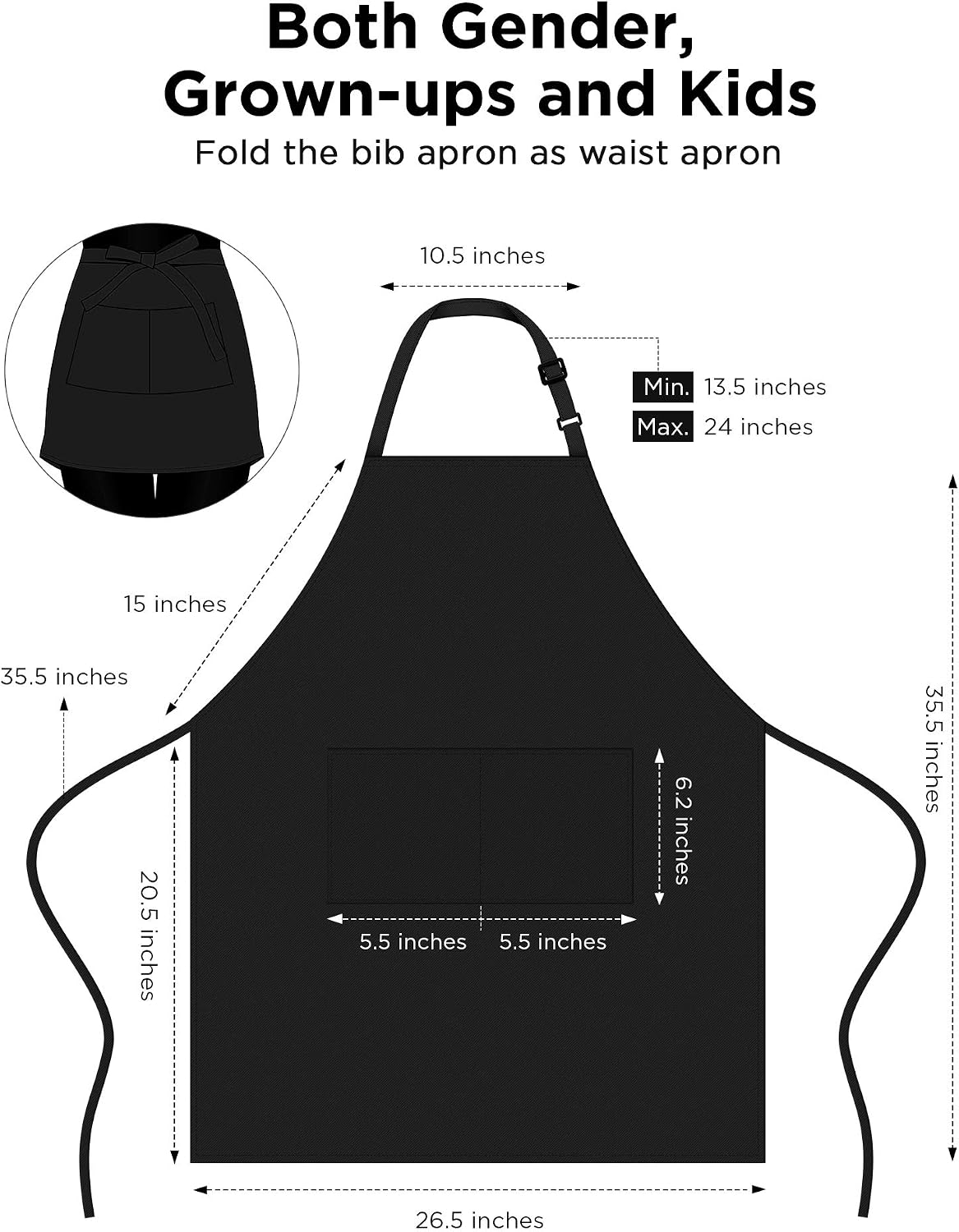 InnoGear 2 Pack Adjustable Bib Aprons, Waterdrop Resistant Apron with 2 Pockets Cooking Kitchen Restaurant Aprons for BBQ Drawing, Women Men Chef (Black)