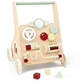 PairPear Wooden Baby Walker with Wheels, Baby Sit-to-Stand Baby Walker & Activity Cart, Montessori Activity Walker Busy Board for Baby Boys Girls 12m+(Sage Green)