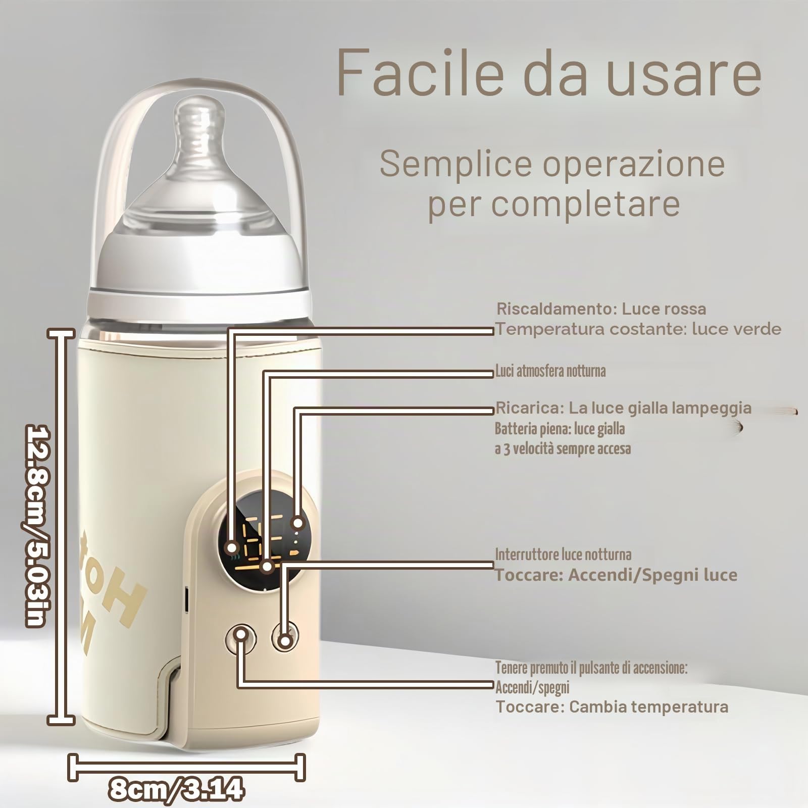 scaldabiberon per bambini, portatile, in viaggio con display LCD, ricarica USB, 6 temperature regolabili 38-50 ℃, scaldabagno per bambini in viaggio e in casa (beige)