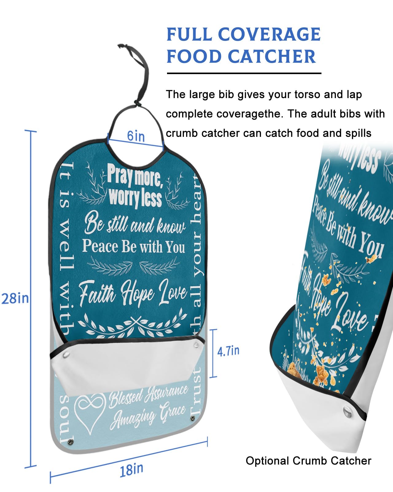 Green Backdrop White Words Adult Bibs for Eating, Waterproof Bibs with Food Catcher & Adjustable Snap Closure, Pay More Worry Less Washable Clothing Protectors Adult Bibs for Elderly Women/Men