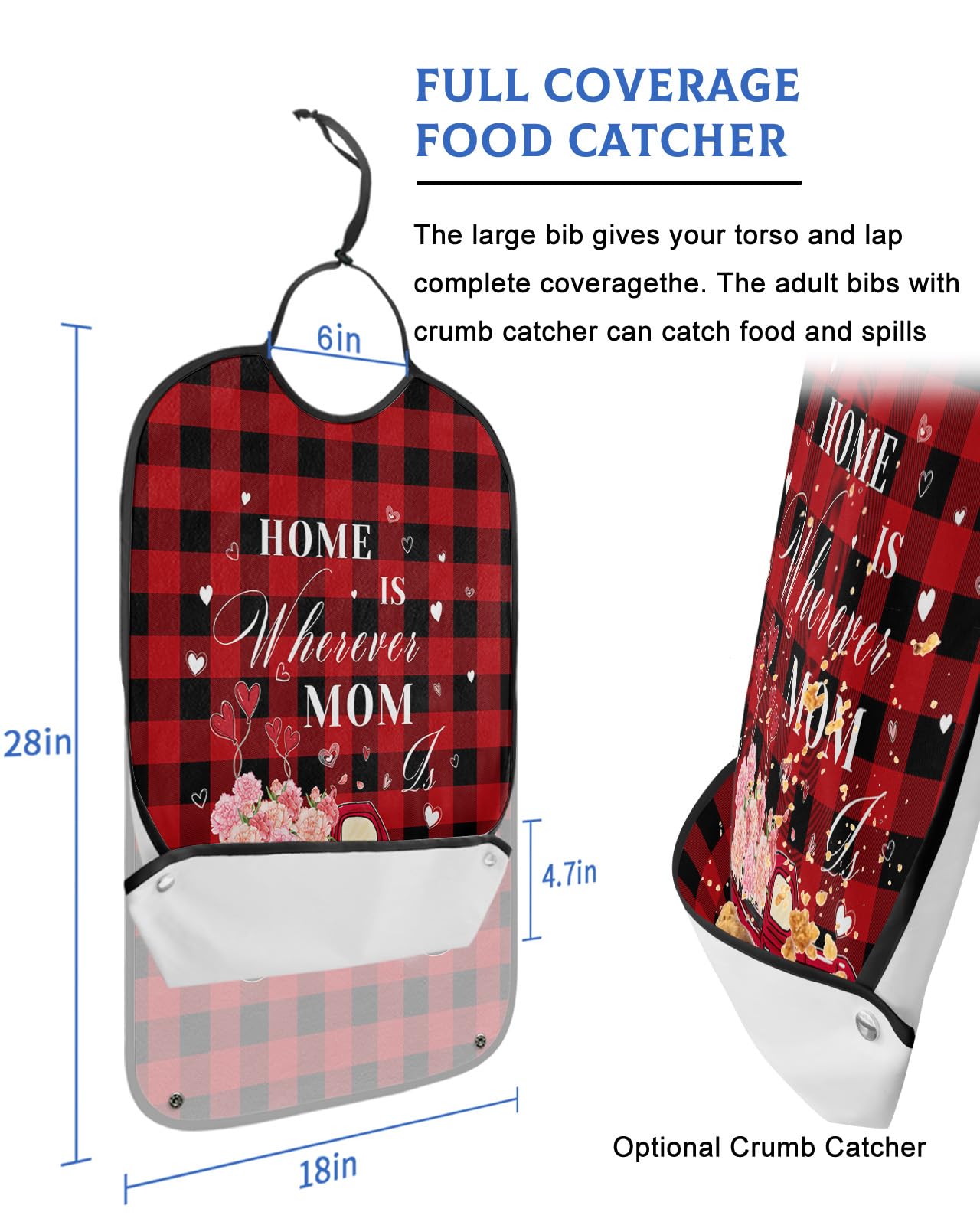 Mother's Day Truck Adult Bibs for Eating, Waterproof Bibs with Food Catcher & Adjustable Snap Closure, Red Black Checkered Pink Flowers Washable Clothing Protectors Adult Bibs for Elderly Women/Men