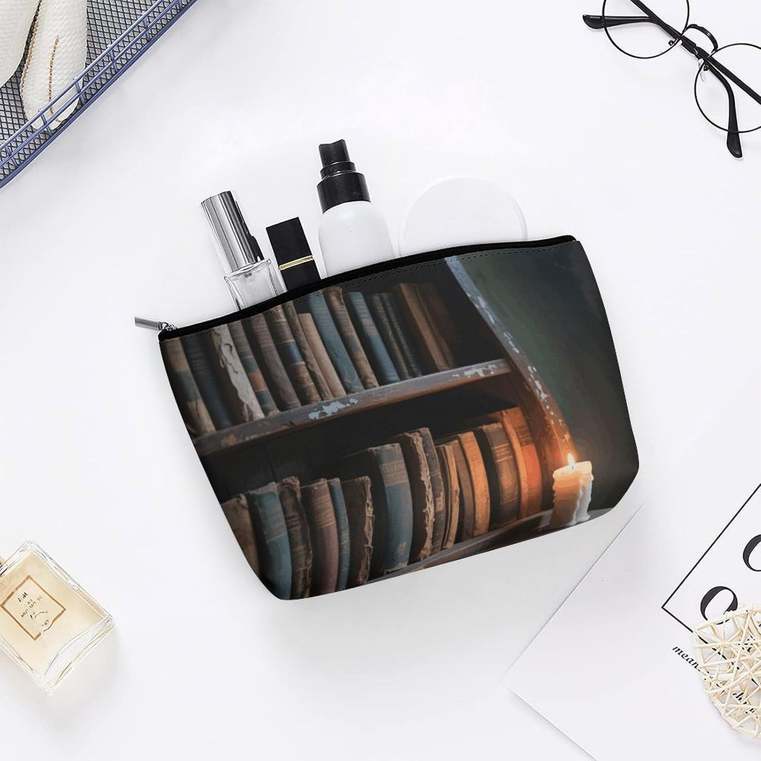 Waterproof Travel Makeup Bag Case Organizer, PU Leather Old Bookshelf Candle Cosmetic Bags, Small Toiletry Case Cute, Portable Zipper Pouch for Women Men, Travel Accessories image 5