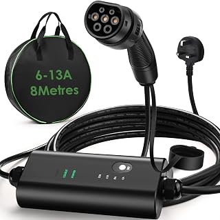 FNRIDS 8M EV Charger Type 2 to UK 3 Pin Plug, 6/8/10/13A Adjustable Current, Electric Car Charger with LED Indicators, Long EV Charging Cable with Bag, 3.3KW, IP65 Waterproof