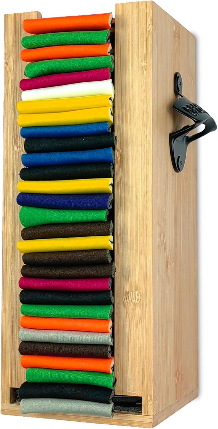 CRAKTH 2 in 1 Wooden Can Cooler Holder with Bottle Opener, Bamboo Beer Can Sleeves Storage Organizer and Dispenser, Great Gifts for Dad Beer Lovers, 12", Boyfriend Husband