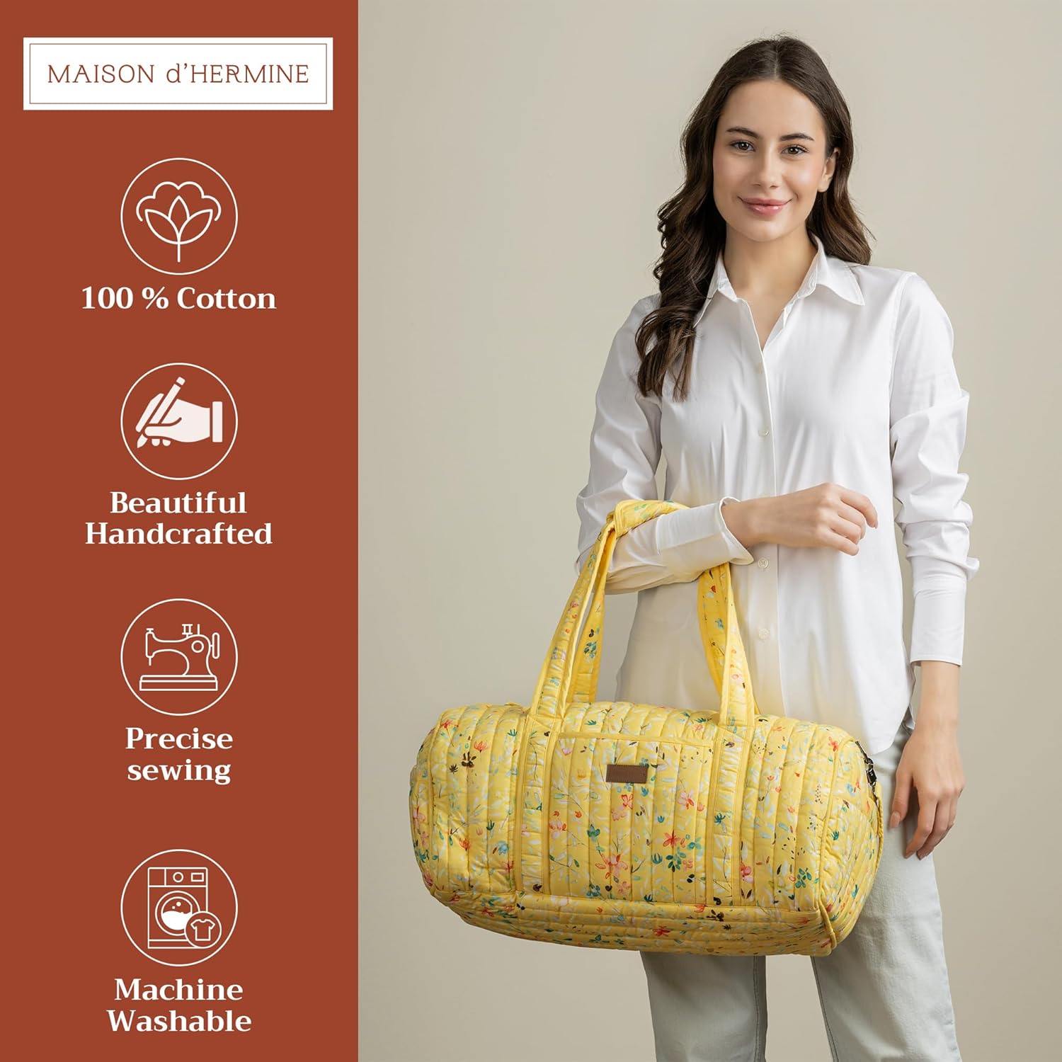 Maison d' Hermine Weekend Duffel Bags for Women Cotton Quilted Overnight Luggage Weekend Bag for Men Gym Sports Gifts Travel Business Travellers Trip Valentines Day Gifts -Colmar - Yellow - Image 2