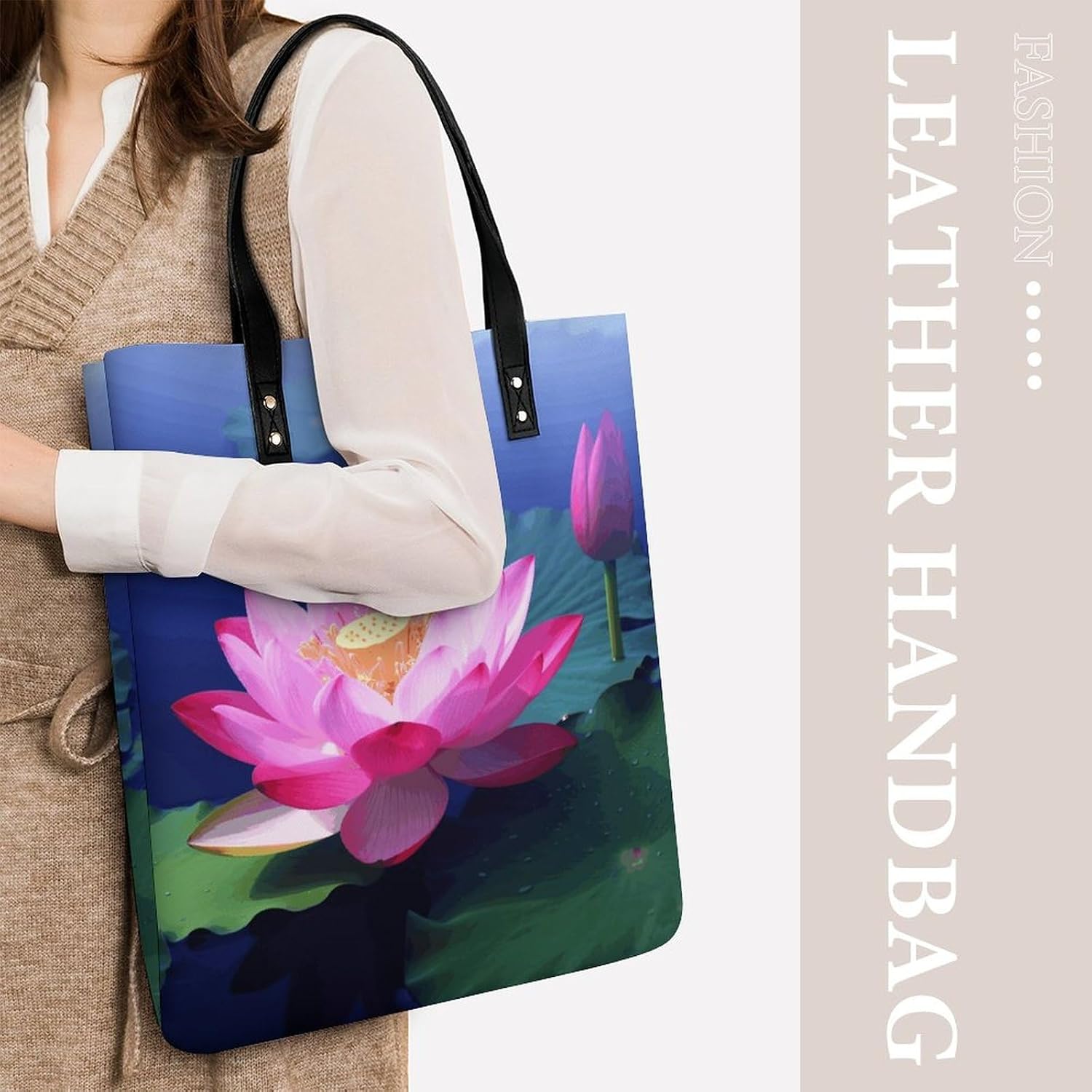 Bright Lotus Handbags Large Capacity, Tote Bag Stylish Slouchy, Shoulder Bags for Work Beach Travel And Shopping Grocery.