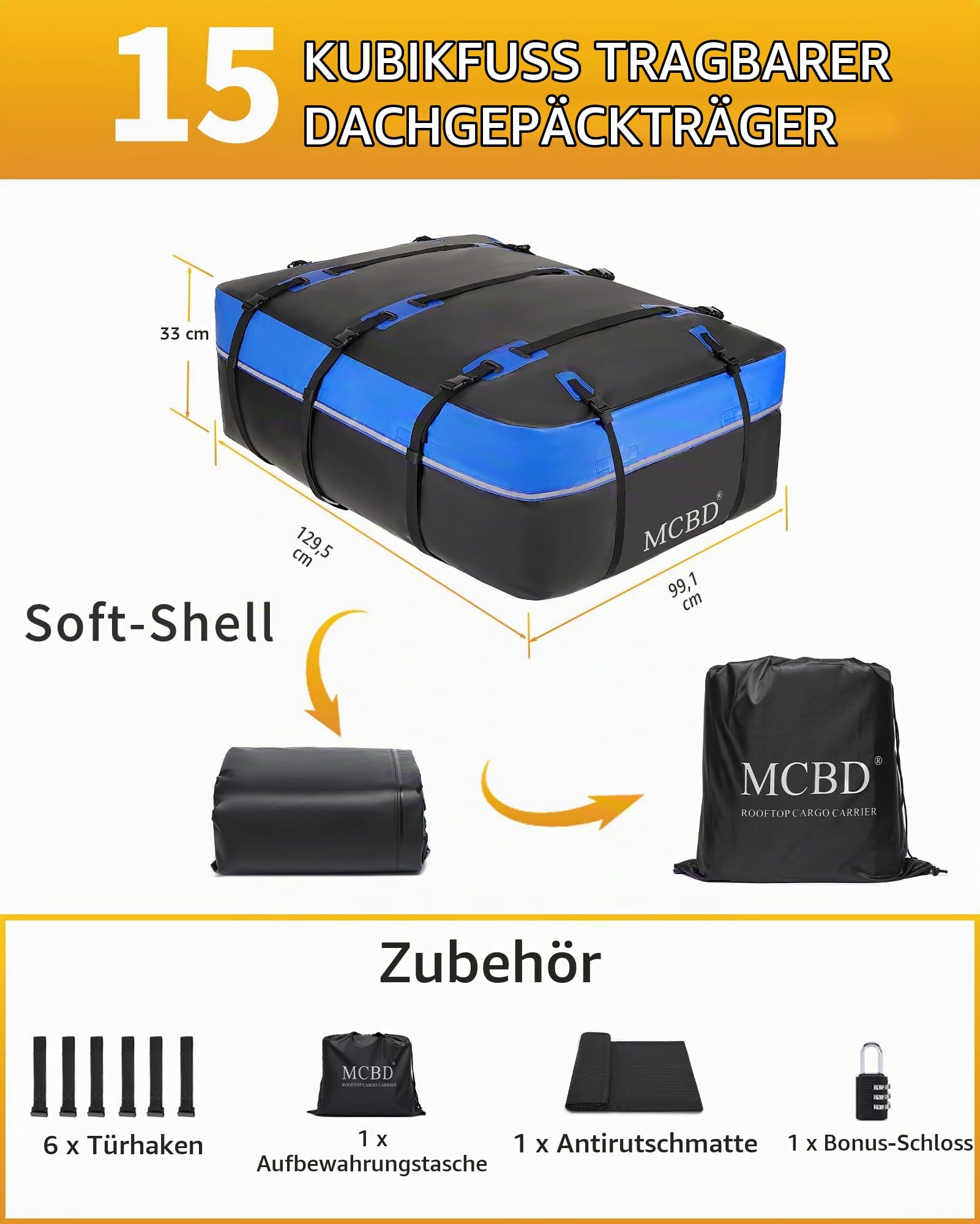 Dachbox Auto, 425L/15 Kubikfuß Verbessert Faltbare wasserdichte Dachtasche mit Anti-Rutsch Matte für Fahrzeuge SUV mit/ohne Dachträger