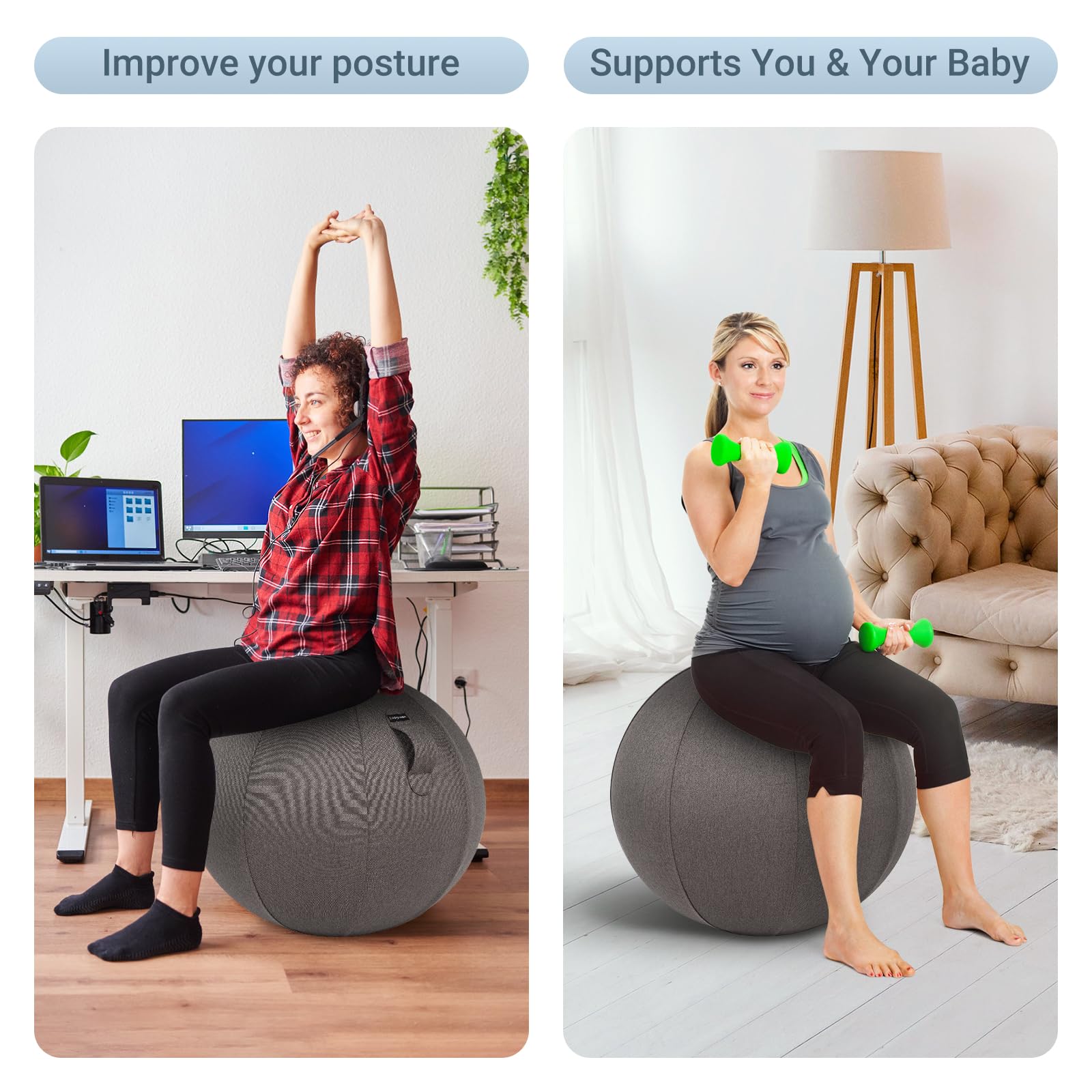 Leogreen Stoff-Sitzball 65cm Gymnastikball Ergonomisch Sitzen im Büro Zuhause Ballstuhl Pezziball für Schwangerschaft, Yoga Fitness Ball mit Stoffbezug, Grau