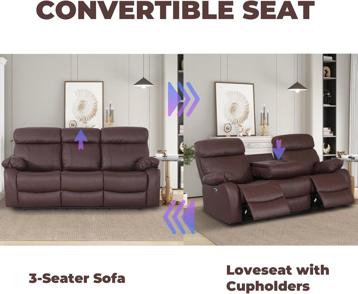 Electric Power Recliner Sofa Set, Leather Reclining Sofa Set with USB Charging Port and Cup Holders, Home Theater Seating Living Room Furniture Set, Recliner Chair + Loveseat + 3-Seater Sofa, Brown