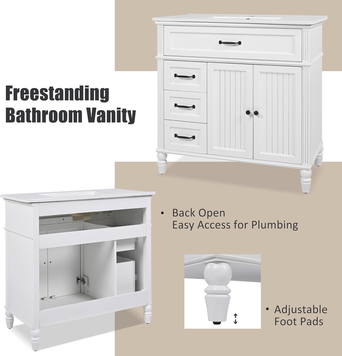36" Bathroom Vanity with Sink, Bathroom Cabinet with Drawers, Solid Frame and MDF Board, One Package, White