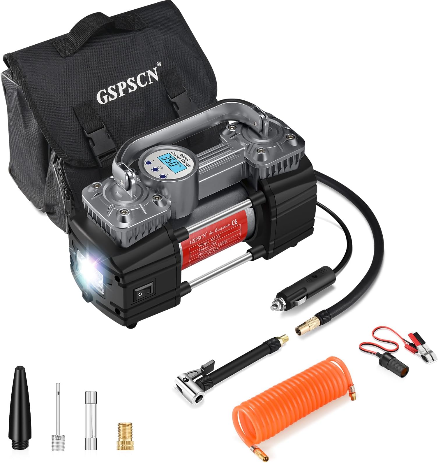 Portable Digital Car Tire Inflator with Gauge 150Psi Auto Shut-Off, Heavy Duty Double Cylinders 12V Air Compressor Pump with LED Light for Auto,Truck,Car,Bicycles,RV,SUV,Balls etc.(Titanium)