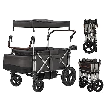 Real Relax Stroller Wagon for 4 Kids, Folding 4 Seater Stroller with 5-Point Safety Belt, Collapsible Push Toddler Cart with Canopy, All-Terrain Mobility Wheels