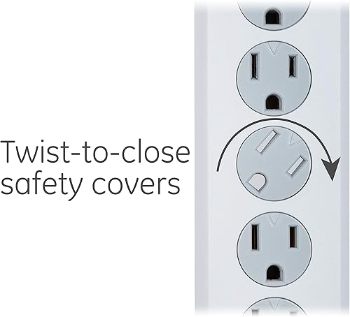 Miniatura 69 de GE - Paquete de 2 protectores de sobretensión de 6 tomas, extensión de 20 pies, 800 julios, enchufe plano, tapas de seguridad de cierre por torsión