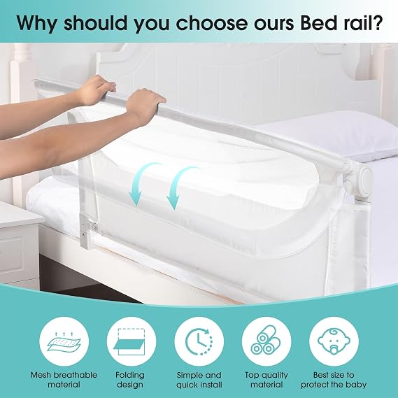 NUTIKAS Baby Bed Rail Guard for Toddlers -59 Toddler Bed Rails for Twin, Full, Queen, King Bunk Size Bed Swing Down Bedrail Extral Tall Child Safety Side Railing Guards for Kids White