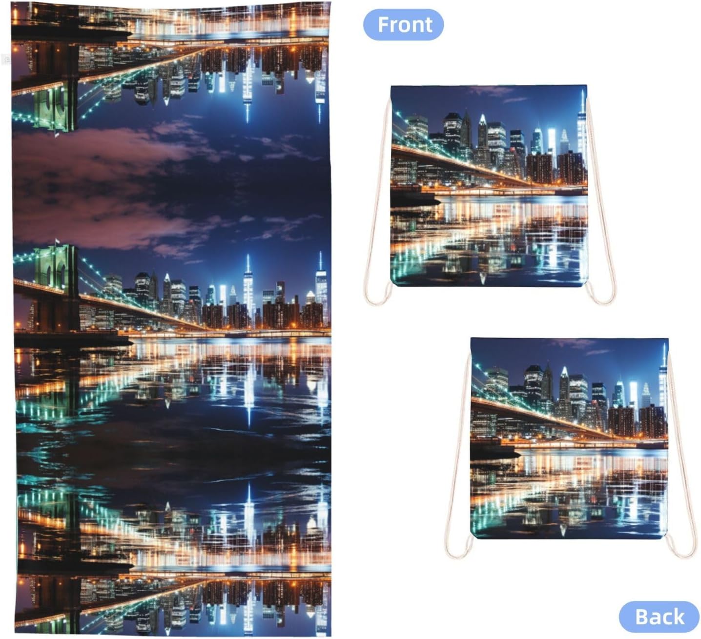 2 in 1 Packable Towel Bag,Soft Absorbent Pool Towels Backpack Quick Dry Lightweight Beach Towels New York Night Drawstring Bag for Travel Camping Sports Picnic image 2