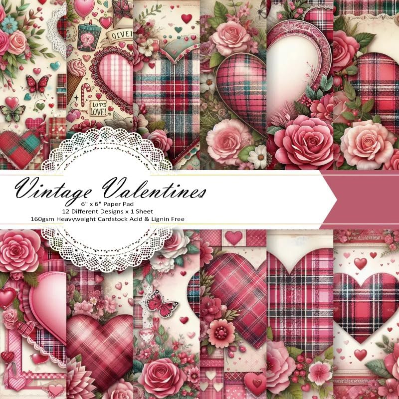 Vintage Valentine Scrapbook Paper Pad ,6"×6” Single-Sided Scrapbooking Decoupage Cardstock Origami Decorative Craft Paper for DIY Crafts, Card Making, Art Journaling, 24 Sheets 12 Designs