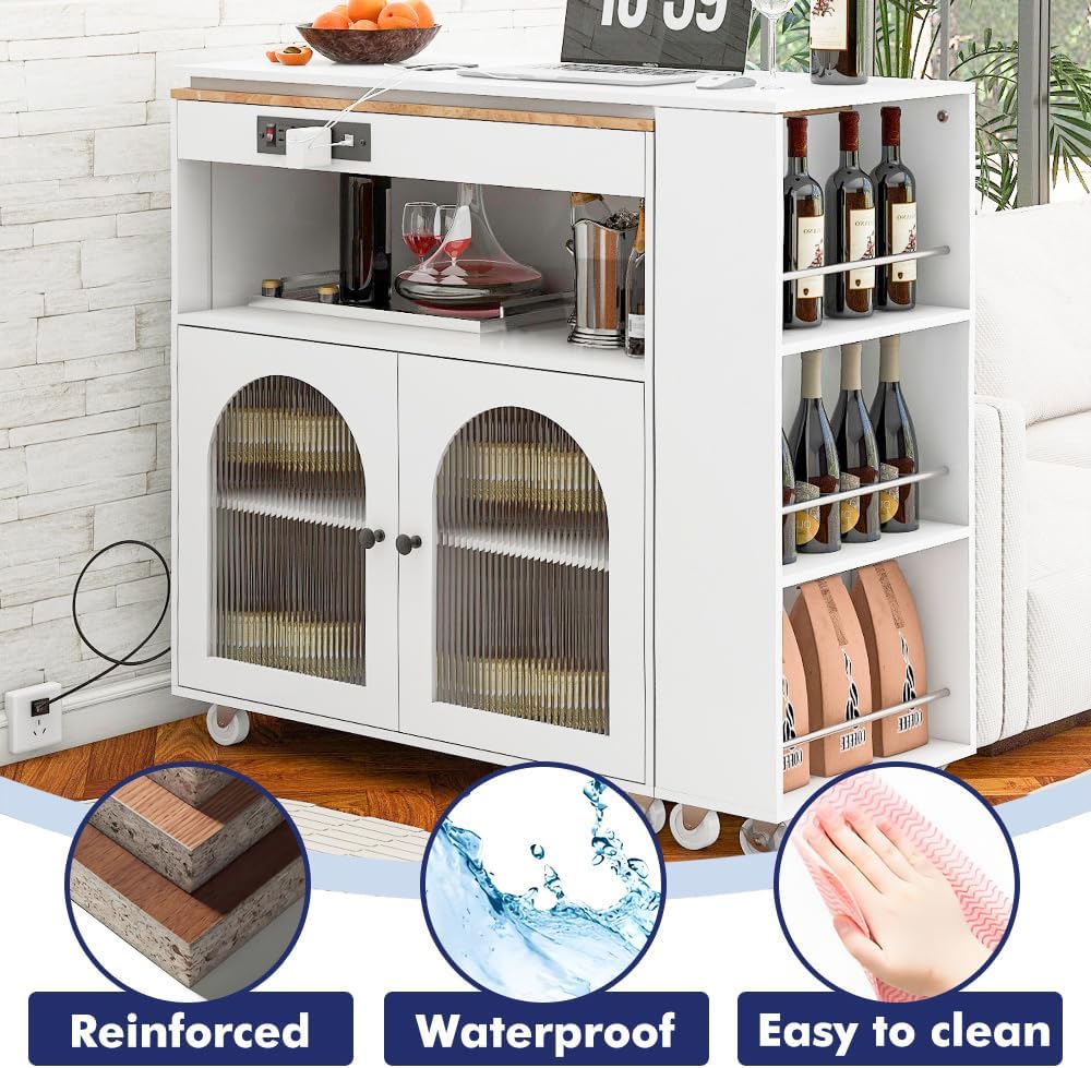 Extendable Kitchen Island with Power Outlet, Rolling Island Table on Wheels with Storage Cabinet and Open Shelves, Mobile Island Cart with Extendable Table and LED Lights (White)