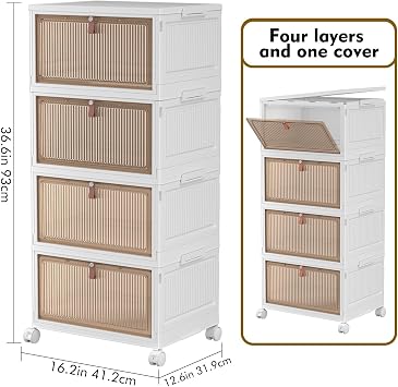 4 Tier Plastic Storage Bins with Lid 28QT - Stackable, Wheeled, Collapsible Storage Containers for Living Room, Office, Dorm