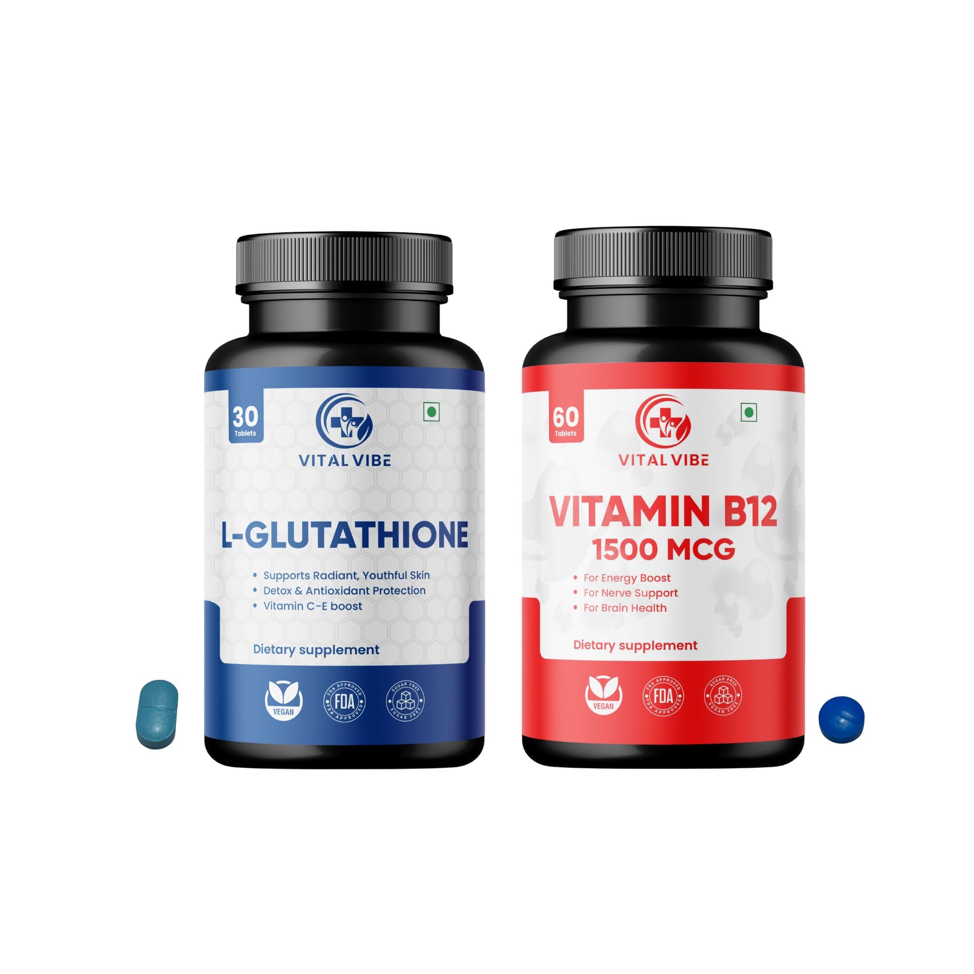 glutathione and b12 together Vital Vibe Glutathione Tablets (30 Tablets) & Vitamin B12 (60 Tablets)  Methylcobalamin 1500 MCG
