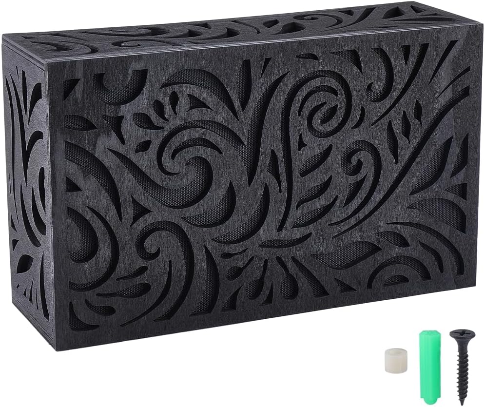 Modern Black Doorbell Cover Chime Cover Box Abstract Floral Pattern Wooden Rectangle Decorative Case Easy to Install Wall-Mounted Box for Indoor Outdoor Entryway Porch Hallway Decoration