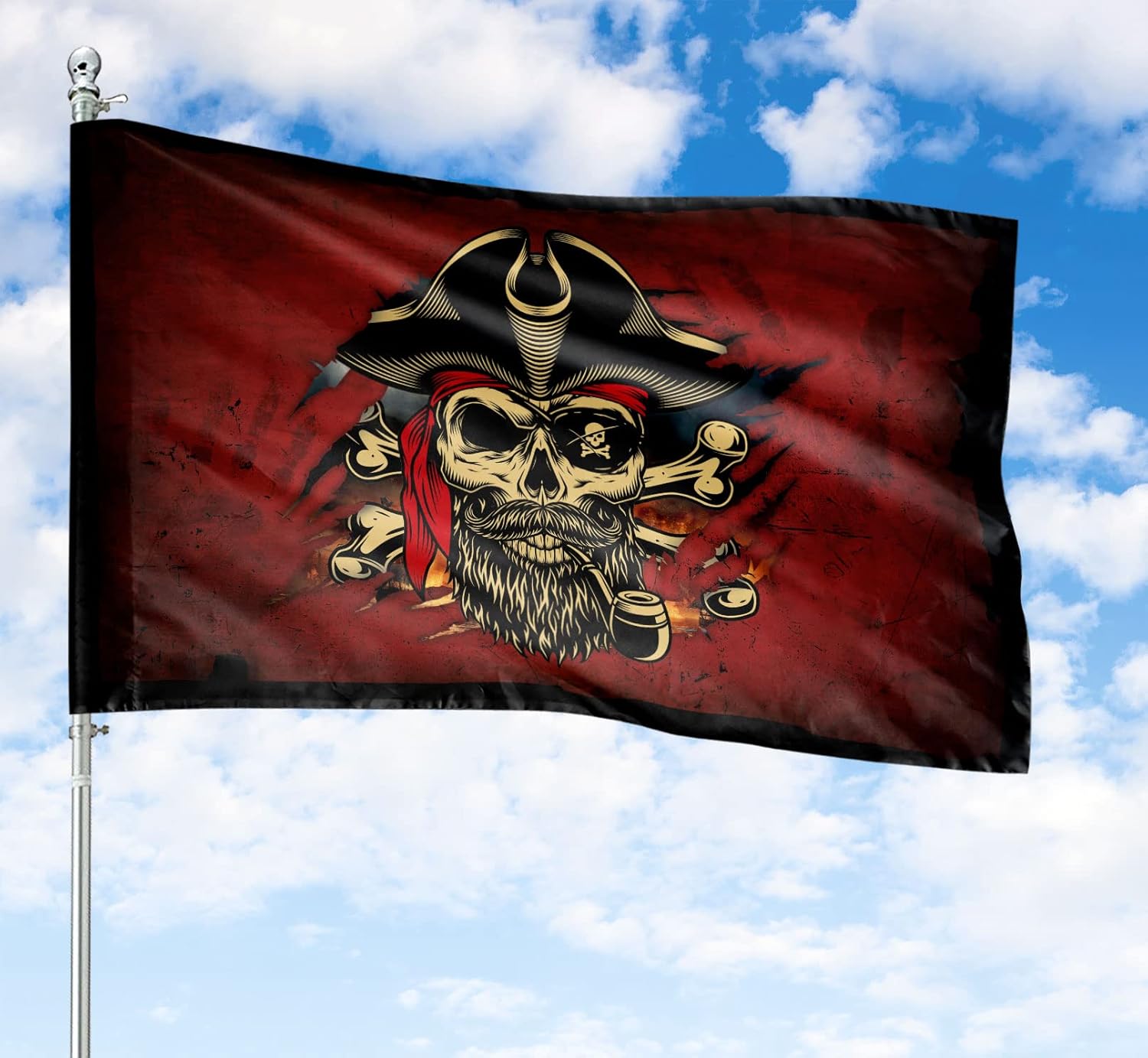Pirate Flag Jolly Roger Skull with Crossbones, Creepy Ragged Skeleton Flag for Outdoor and Indoor Decoration, Double Sided Flag, Full Size 37