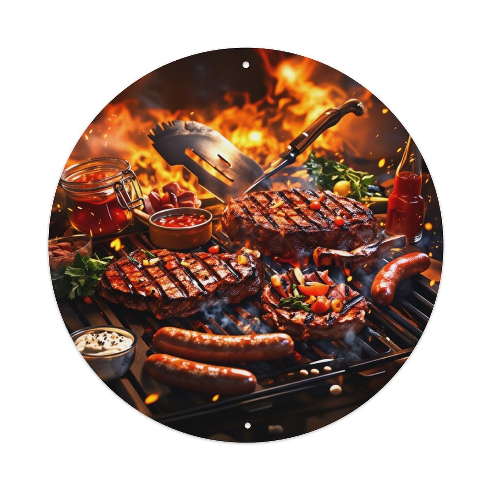 Grilled Meat And Vegetables On Fire Round Tin Sign Vintage Metal Poster, Home Bar Garage Man Cave Cafe Indoor & Outdoor Wall Decoration 8x8Inches