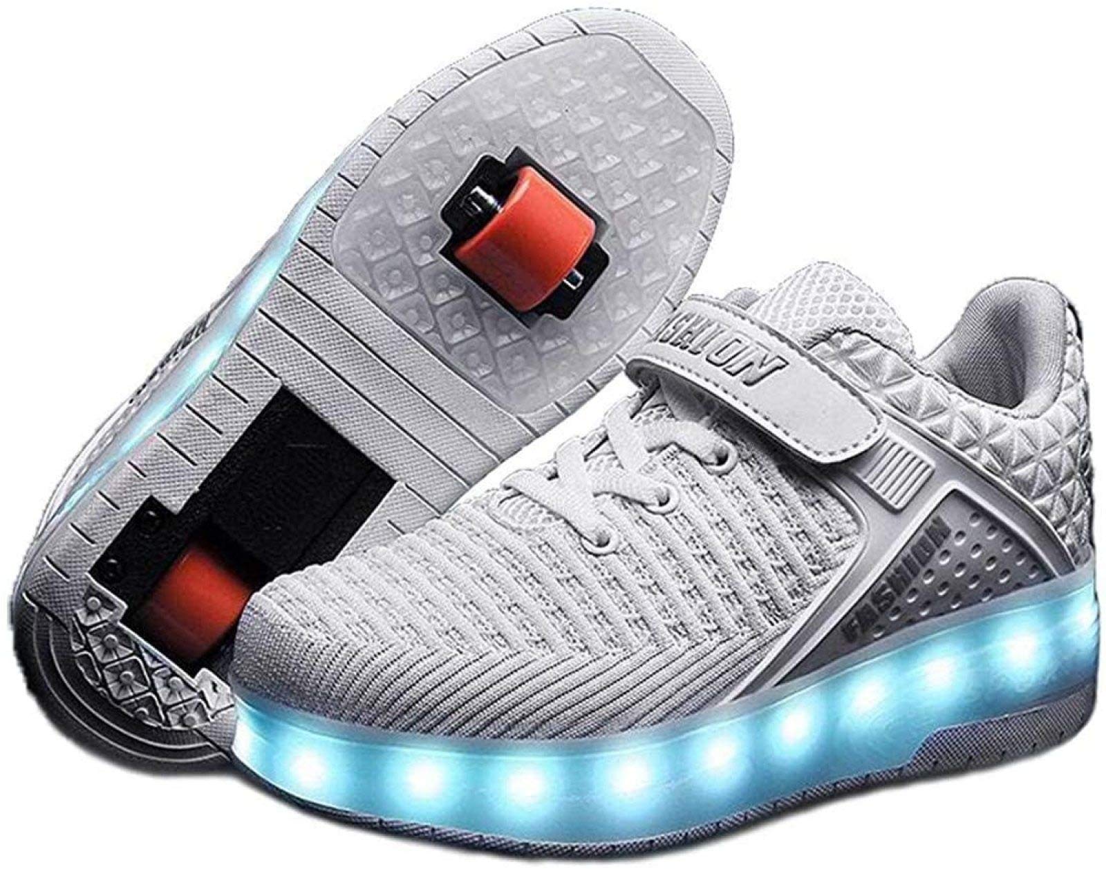 Zapatillas De Skate LED con Ruedas Dobles Zapatillas De Skate Zapatillas con Ruedas LED Niños Niños Niñas Gimnasia Al Aire Libre Zapatillas De Moda Técnica,White-32 EU