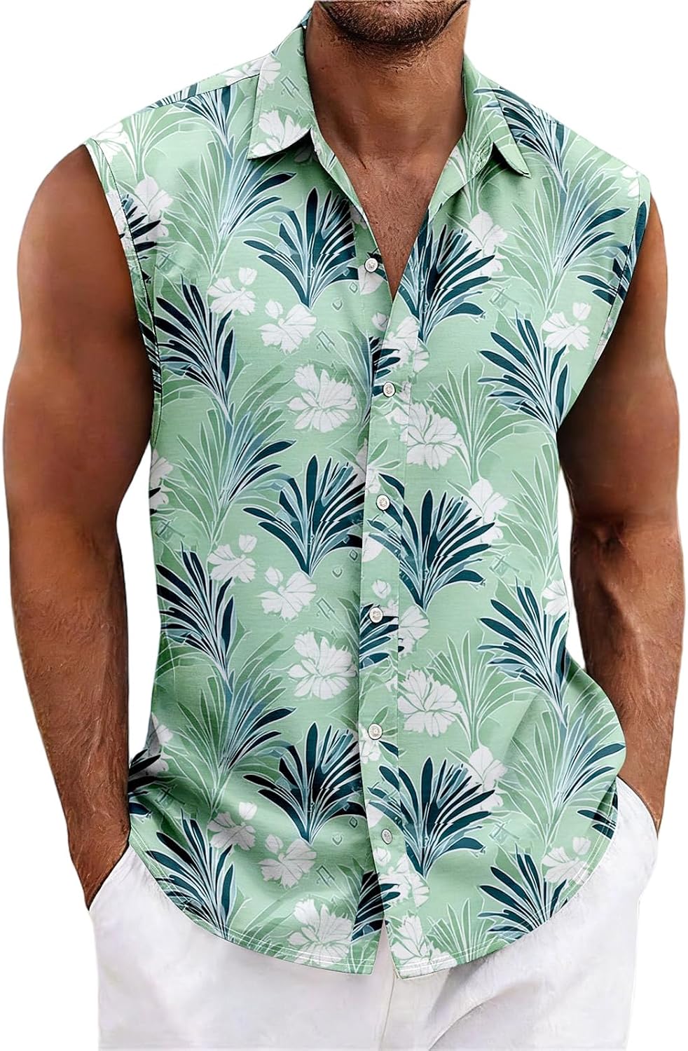 Men's Summer Hawaiian Shirts Sleeveless Floral Mens Button Down Shirt Hawaii Tropical Beach Tops Tropical Outfits