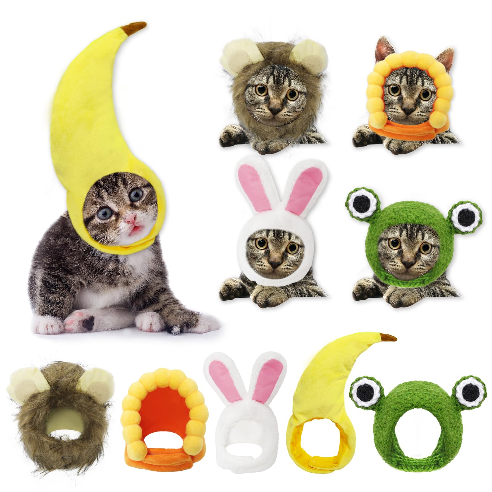 5 Pcs Cat Hat Adorable Cat Costumes Bunny Hat with Ears Funny Mane Hat Adjustable Fruit Shaped Hat Party Costume Accessory Headwear for Cats Small Dogs Kitten Puppy (Lion Banana Frog Sunflower Rabbit)