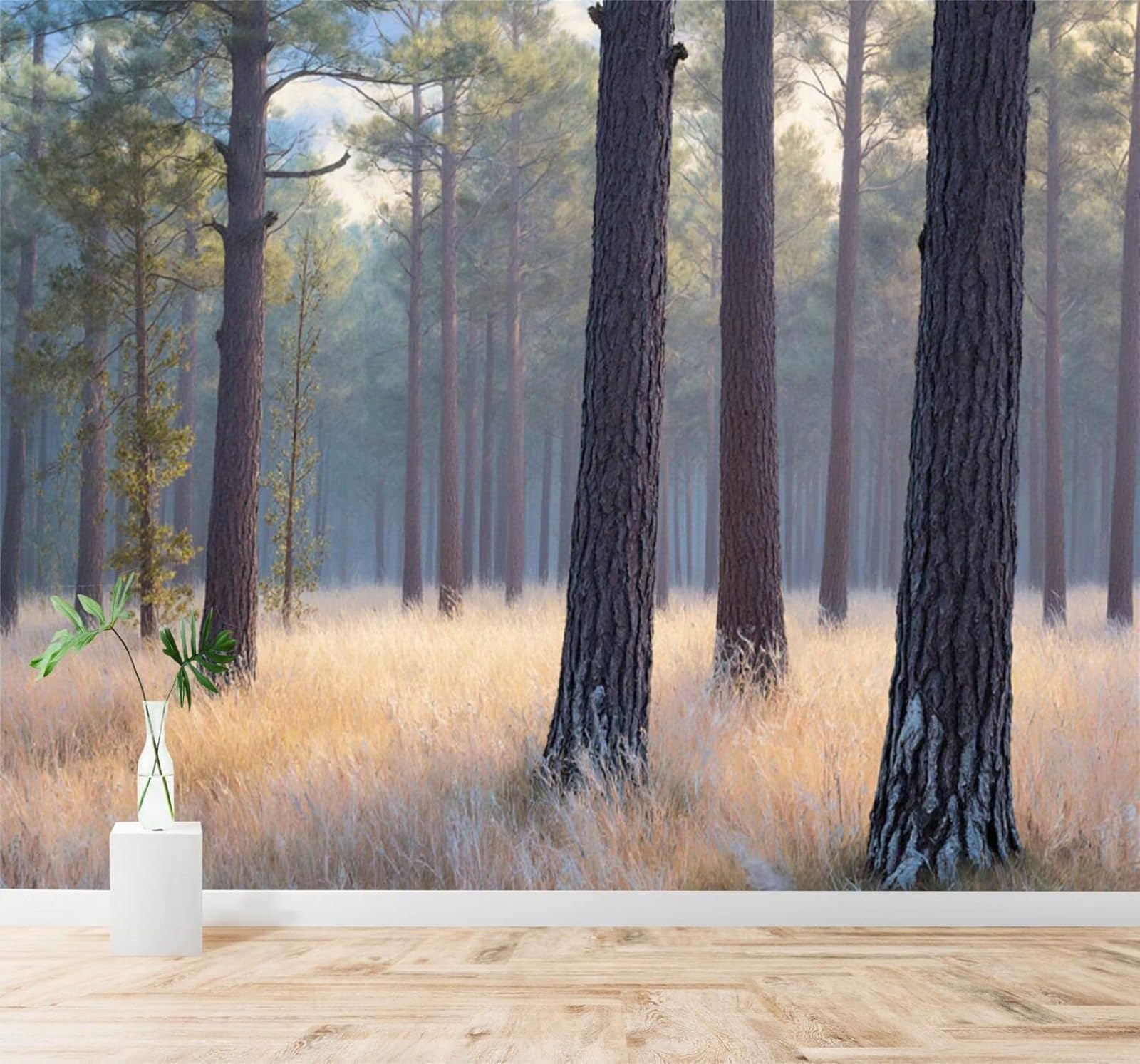 Xlming 150Cm×105Cm(B×H) Morning Mist Pine Forest Golden Grass Morning Light Natural Landscape 3D Wallpaper Premium Textured Silk Study Dining Living Room Bedroom Sofa Tv Wall Easy Install-150Cm×105Cm