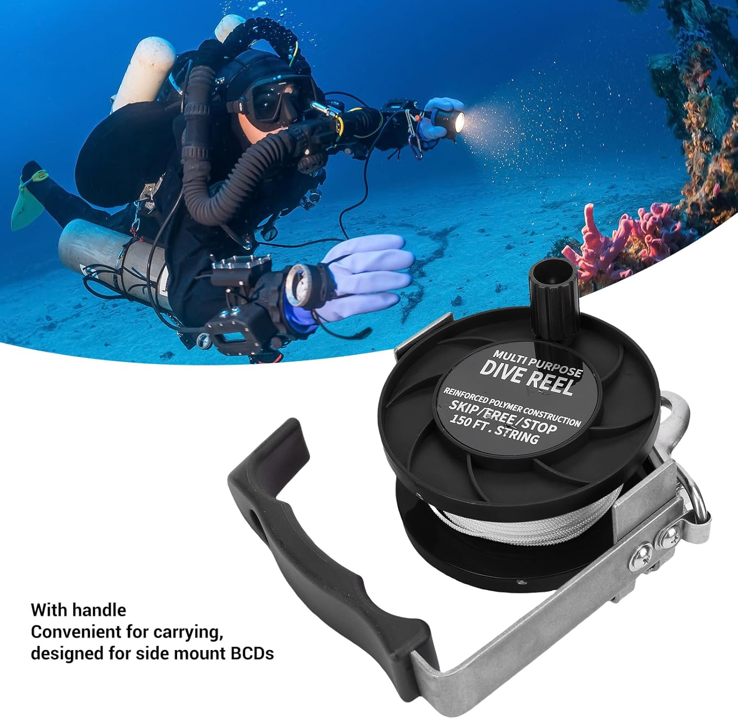 LICAEVEY Dive Reel, Stainless Steel 150FT Line with Handle for Underwater Cave Wreck Diving and BCD Diving